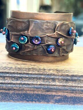 Stunning Handcrafted Beaded Copper Cuff Bracelet With Iridescent Glass Accents